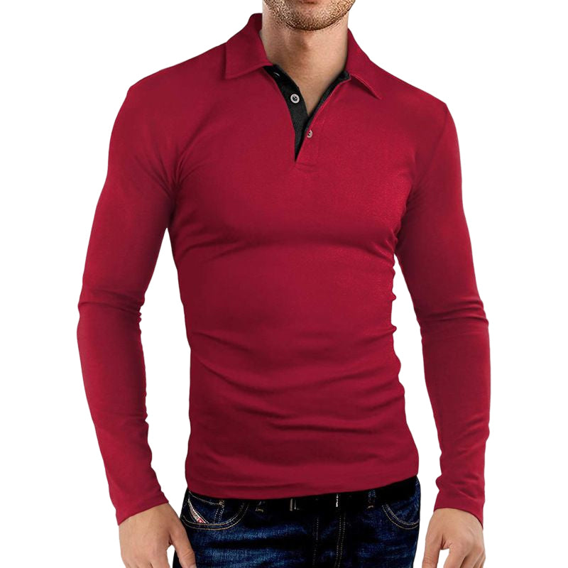 "Mäns elegant långärmad polo t-shirt med krage, modern stil, finns i flera färger inklusive röd och svart."