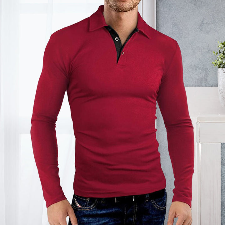 "Mäns elegant långärmad polo t-shirt med krage, modern stil, finns i flera färger inklusive röd och svart."