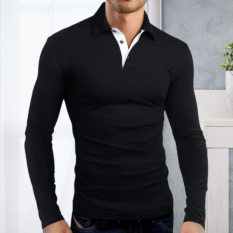 "Mäns elegant långärmad polo t-shirt med krage, modern stil, finns i flera färger inklusive röd och svart."