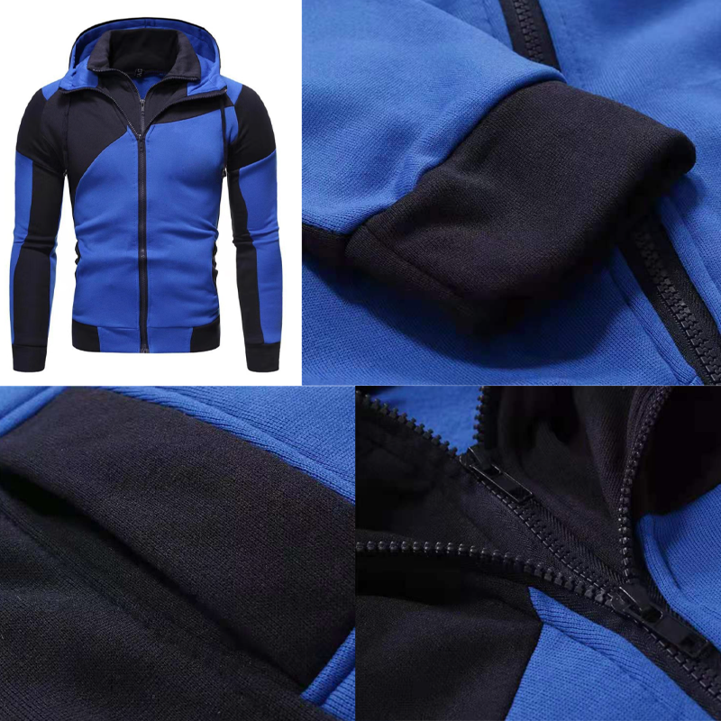 "Mäns färgblock träningsdräkt med huva, broderad design, bekväm, sportig stil, blixtlåsförsedda fickor, justerbar huva."