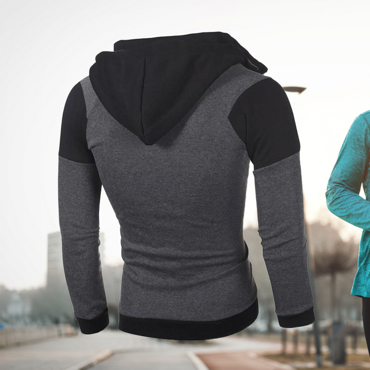 "Mäns färgblock träningsdräkt med huva, broderad design, bekväm, sportig stil, blixtlåsförsedda fickor, justerbar huva."