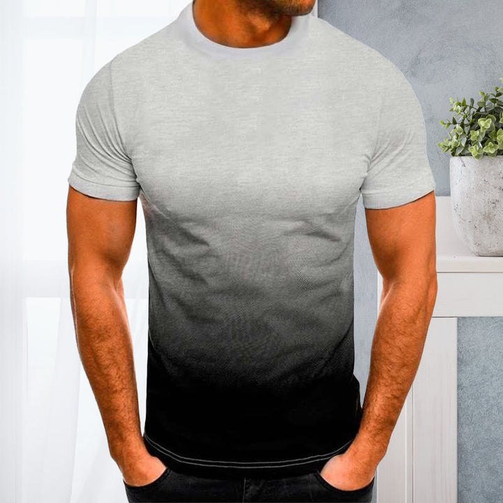 "Mäns kortärmad t-shirt med rund hals och gradienttryck, stilfull design för en modern och avslappnad look."