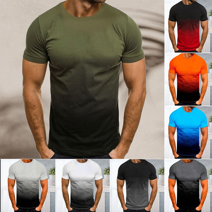 "Mäns kortärmad t-shirt med rund hals och gradienttryck, stilfull design för en modern och avslappnad look."