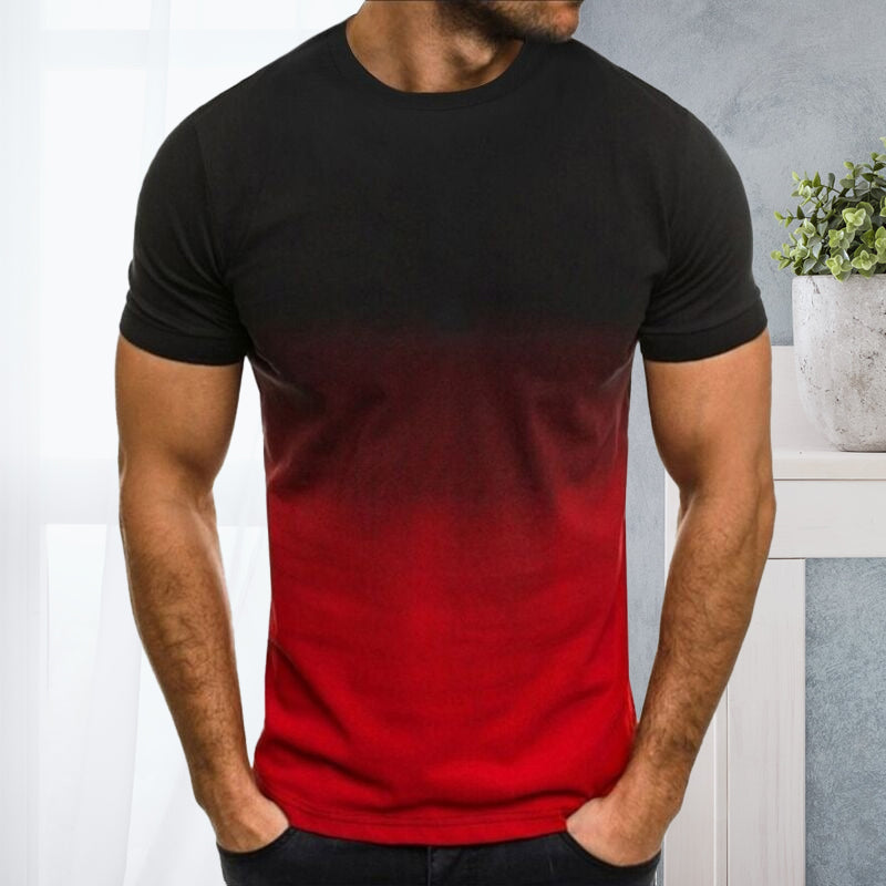 "Mäns kortärmad t-shirt med rund hals och gradienttryck, stilfull design för en modern och avslappnad look."