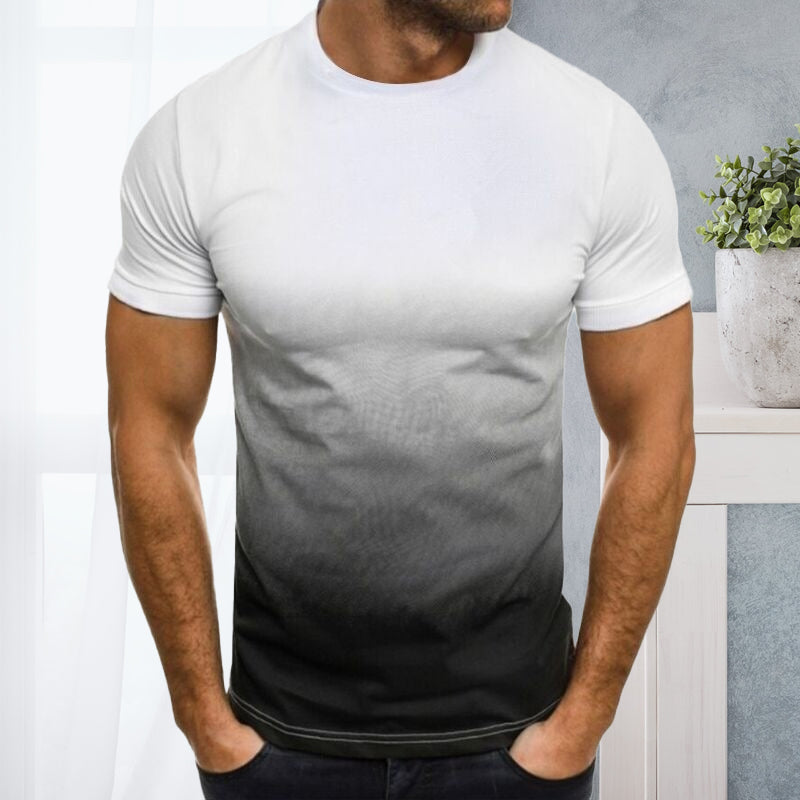 "Mäns kortärmad t-shirt med rund hals och gradienttryck, stilfull design för en modern och avslappnad look."