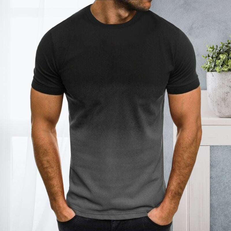 "Mäns kortärmad t-shirt med rund hals och gradienttryck, stilfull design för en modern och avslappnad look."
