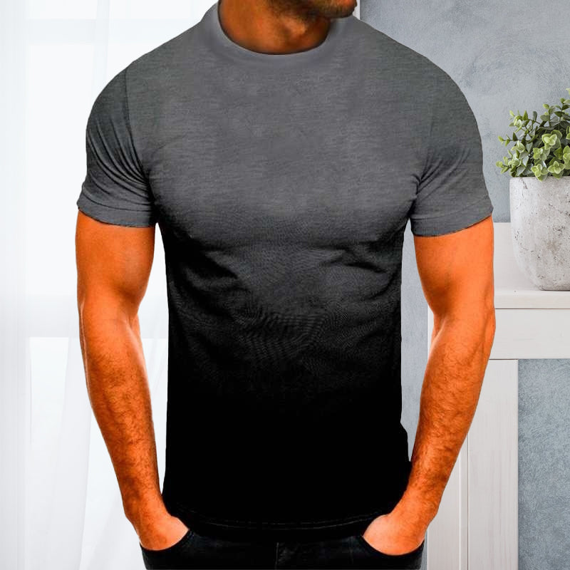 "Mäns kortärmad t-shirt med rund hals och gradienttryck, stilfull design för en modern och avslappnad look."