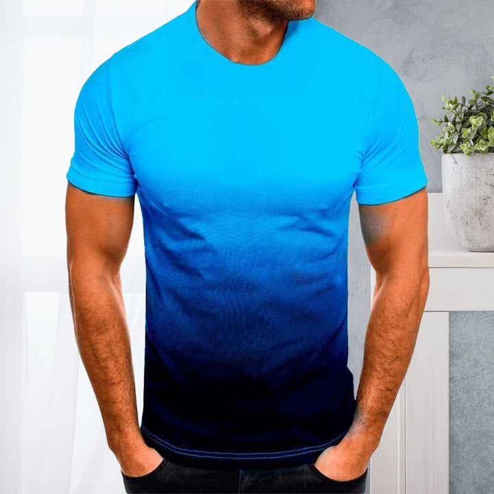 "Mäns kortärmad t-shirt med rund hals och gradienttryck, stilfull design för en modern och avslappnad look."