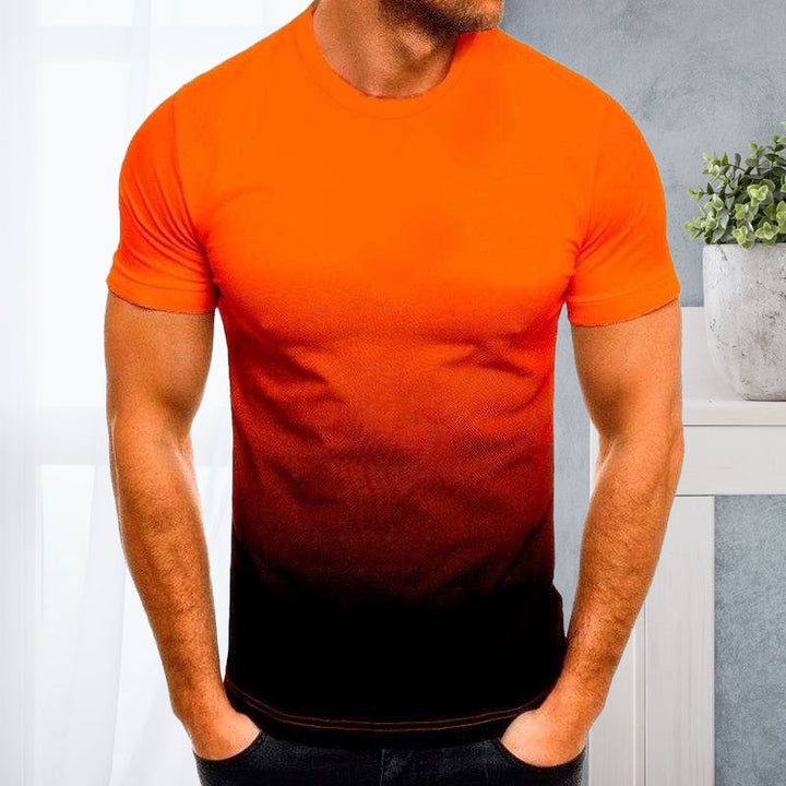 "Mäns kortärmad t-shirt med rund hals och gradienttryck, stilfull design för en modern och avslappnad look."