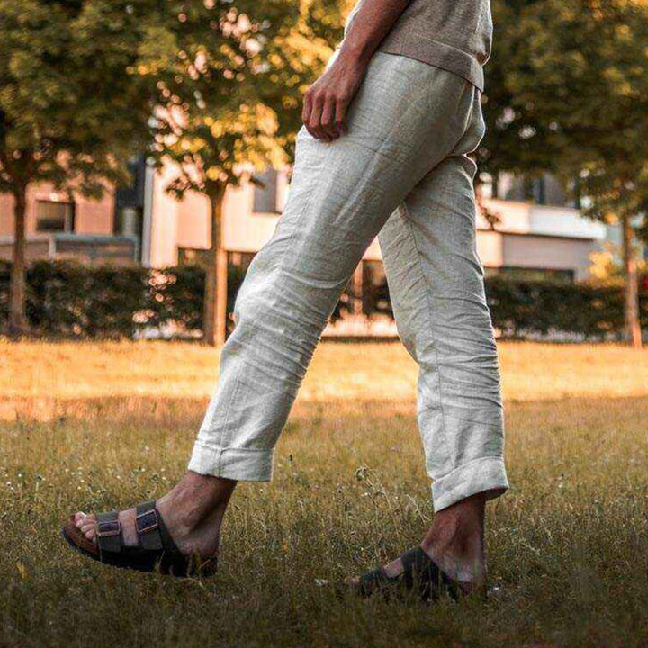 "Mäns linnebyxor i flera färger, andningsbara med elastiskt midjeband, avslappnad stil, perfekt för alla tillfällen."