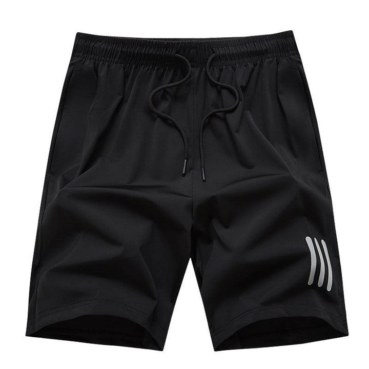 "Mäns sommar sportshorts med elastisk midja, avslappnad passform, svart färg, framifrån, lämplig för träning och vardag."