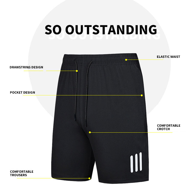 "Mäns sommar sportshorts med elastisk midja, avslappnad passform, svart färg, framifrån, lämplig för träning och vardag."