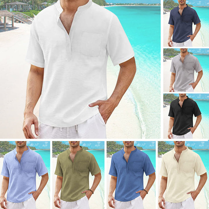 "Mäns sommar T-shirt med ficka, bomull-linne, Henley-hals, knappdetaljer, strandutflykt, flera färger"