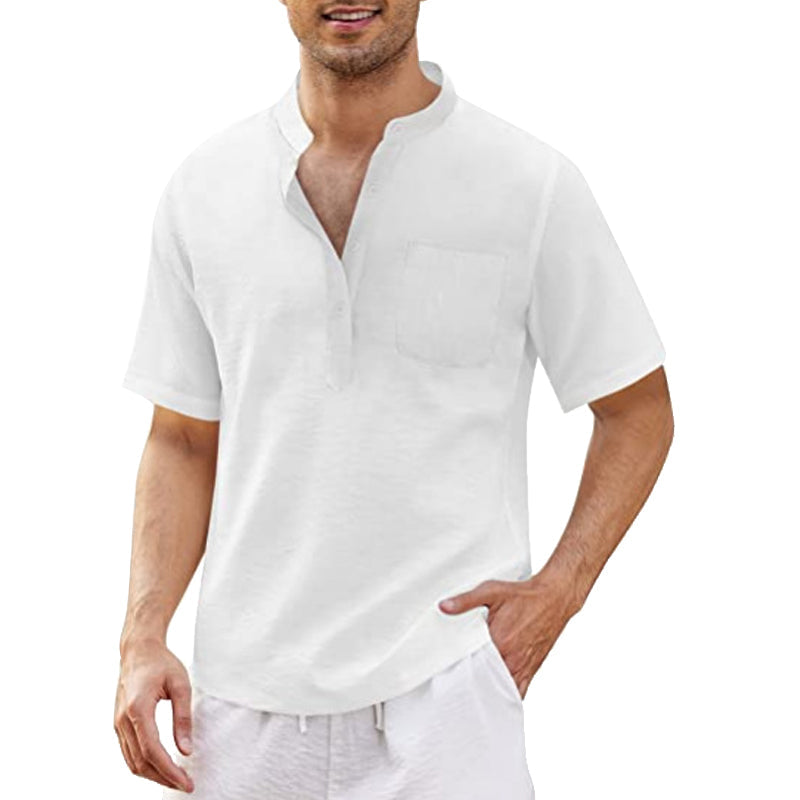 "Mäns sommar T-shirt med ficka, bomull-linne, Henley-hals, knappdetaljer, strandutflykt, flera färger"