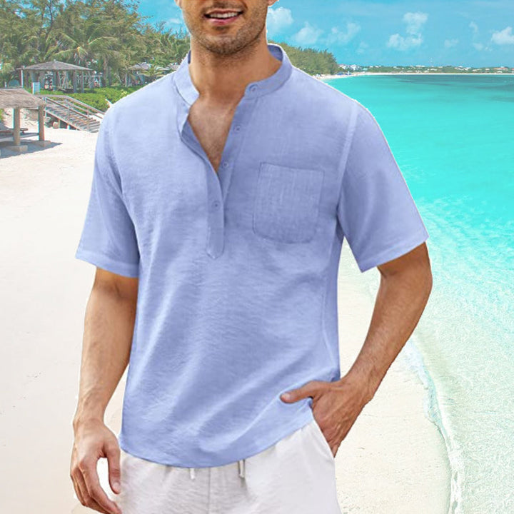 "Mäns sommar T-shirt med ficka, bomull-linne, Henley-hals, knappdetaljer, strandutflykt, flera färger"