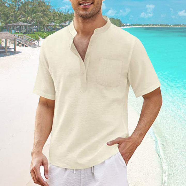 "Mäns sommar T-shirt med ficka, bomull-linne, Henley-hals, knappdetaljer, strandutflykt, flera färger"