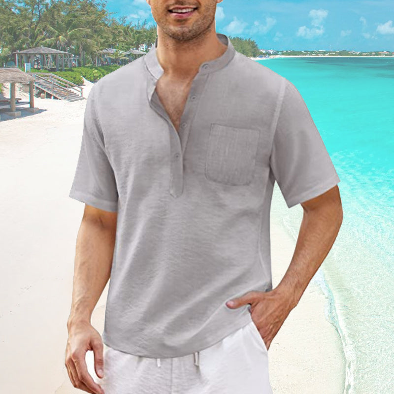 "Mäns sommar T-shirt med ficka, bomull-linne, Henley-hals, knappdetaljer, strandutflykt, flera färger"