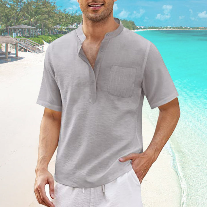 "Mäns sommar T-shirt med ficka, bomull-linne, Henley-hals, knappdetaljer, strandutflykt, flera färger"