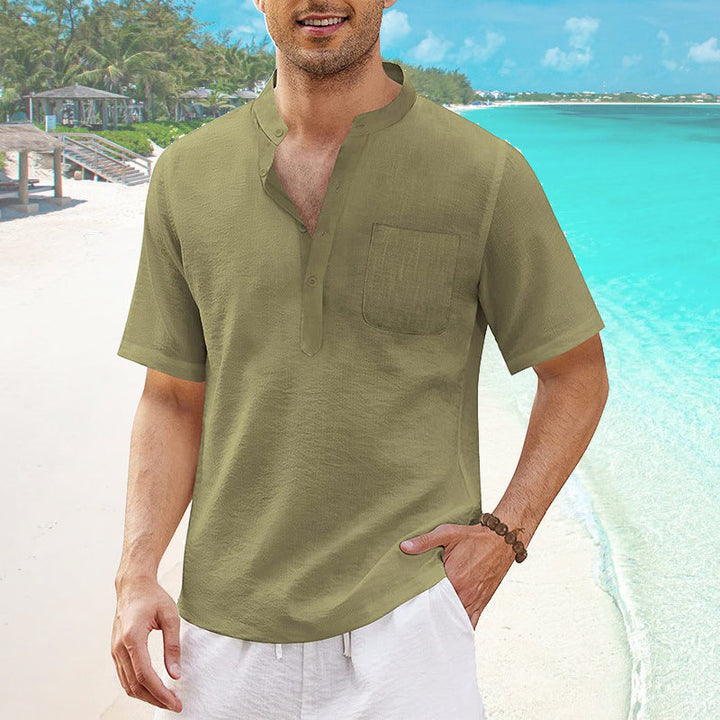 "Mäns sommar T-shirt med ficka, bomull-linne, Henley-hals, knappdetaljer, strandutflykt, flera färger"