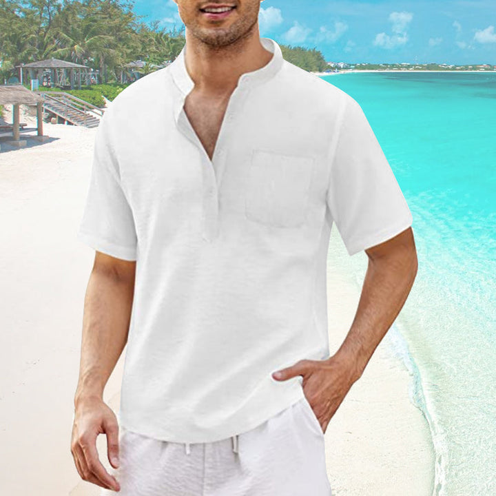 "Mäns sommar T-shirt med ficka, bomull-linne, Henley-hals, knappdetaljer, strandutflykt, flera färger"