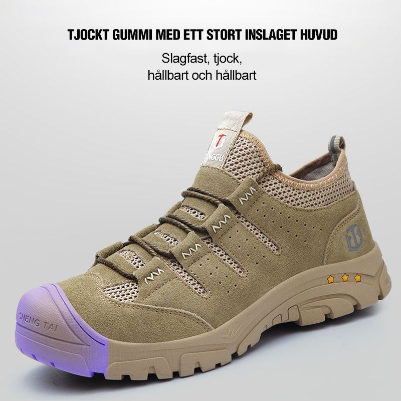 Mäns stål tå säkerhetsskor i khaki mocka med Kevlar sula, reflekterande detaljer, idealiska för krävande arbetsmiljöer.