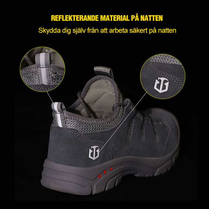 Mäns stål tå säkerhetsskor i khaki mocka med Kevlar sula, reflekterande detaljer, idealiska för krävande arbetsmiljöer.