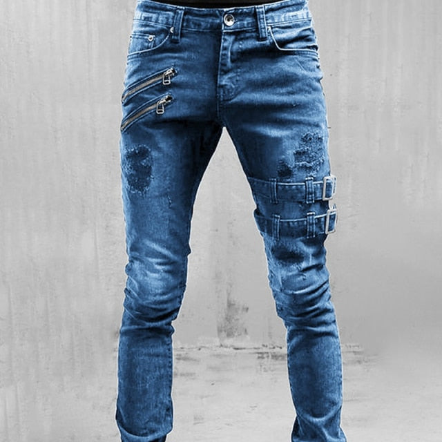 "Mäns stretchpennajeans i denim med sliten detalj, retroinspirerad design, högkvalitativt och hållbart tyg."