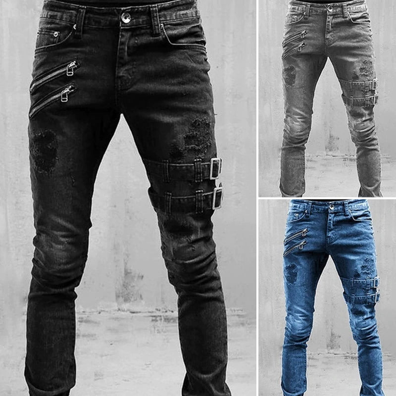 "Mäns stretchpennajeans i denim med sliten detalj, retroinspirerad design, högkvalitativt och hållbart tyg."