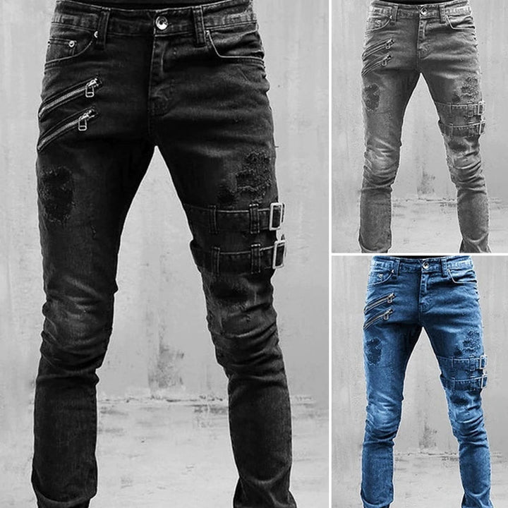 "Mäns stretchpennajeans i denim med sliten detalj, retroinspirerad design, högkvalitativt och hållbart tyg."