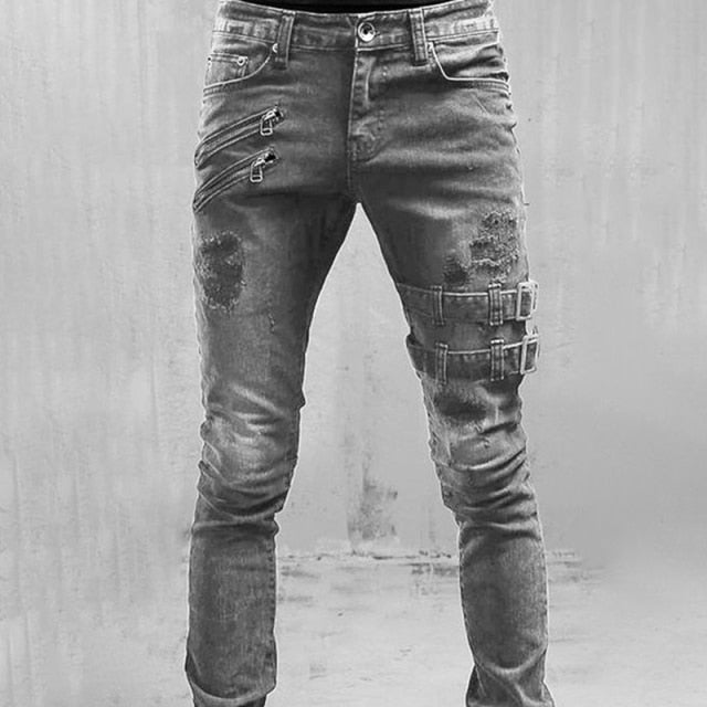 "Mäns stretchpennajeans i denim med sliten detalj, retroinspirerad design, högkvalitativt och hållbart tyg."