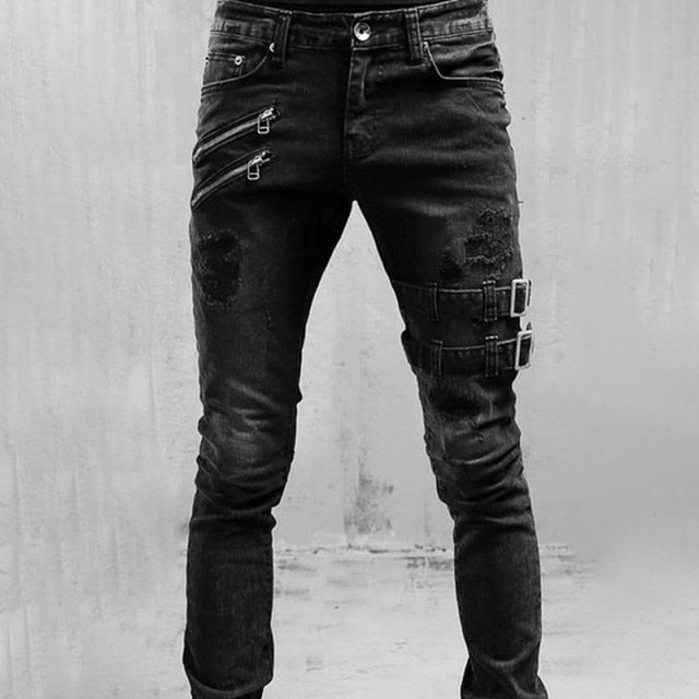 "Mäns stretchpennajeans i denim med sliten detalj, retroinspirerad design, högkvalitativt och hållbart tyg."