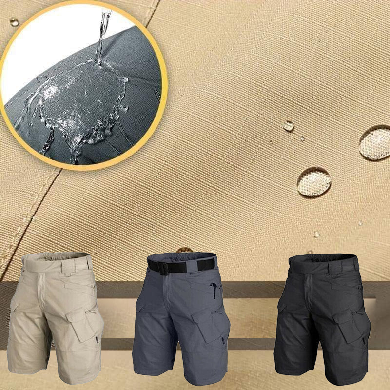 "Mäns taktiska shorts i lös bomull, knälängd, elatiskt midjeband, djupa fickor, perfekt för utomhusaktiviteter."
