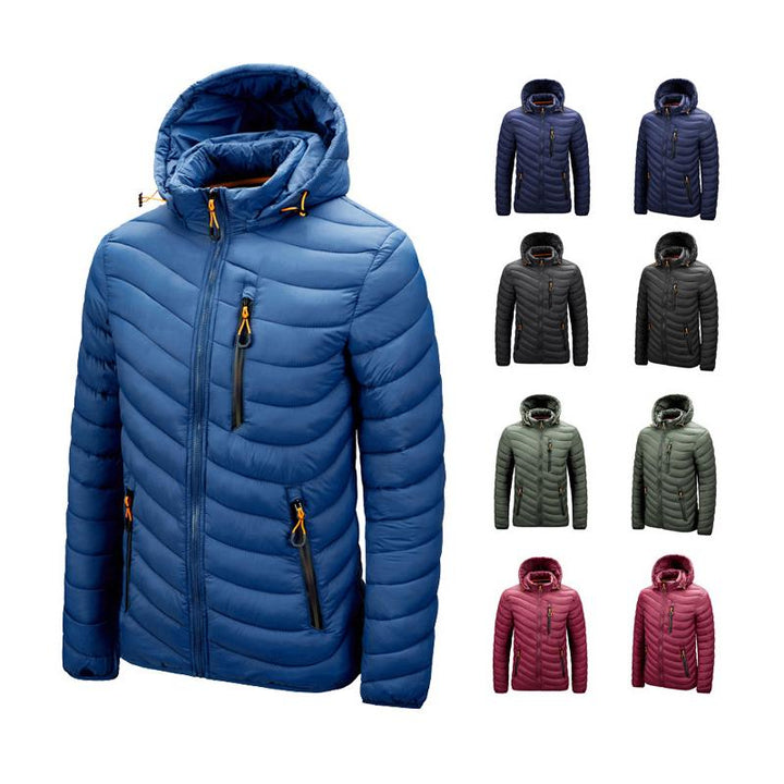 "Mäns vinterjacka i elegant design, avtagbar hood, fickor med dragkedjor, varm och moderiktig för kalla dagar."