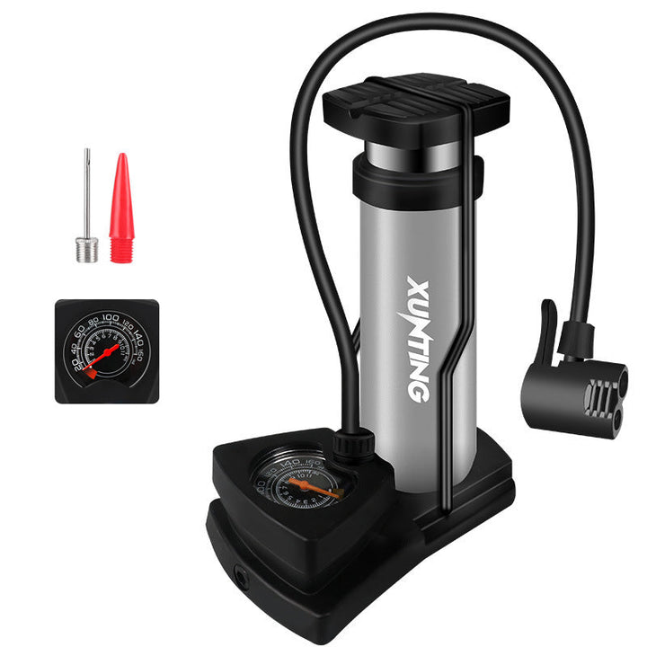 Manuell cykelpump för mountainbike, kompakt silver och svart design med klocka, perfekt för vägcyklar och terräng.
