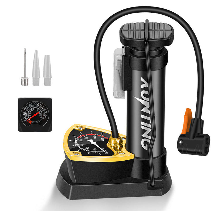 Manuell cykelpump för mountainbike, kompakt silver och svart design med klocka, perfekt för vägcyklar och terräng.