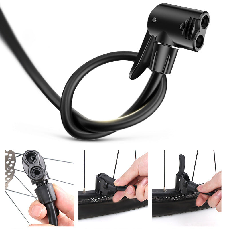 Manuell cykelpump för mountainbike, kompakt silver och svart design med klocka, perfekt för vägcyklar och terräng.