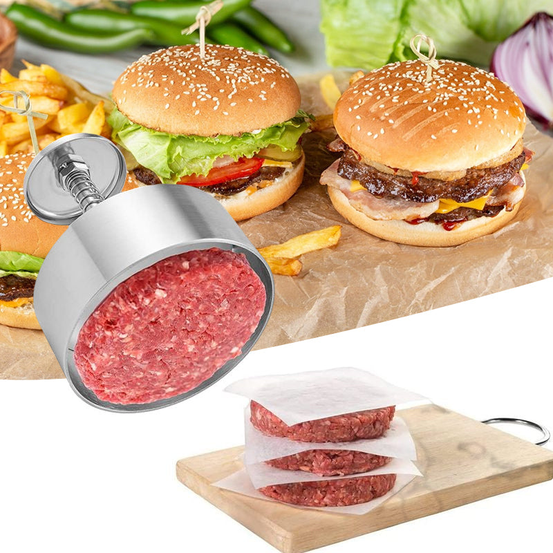 "Manuell köttpress i rostfritt stål, silverfärgad, ergonomisk design för perfekta hamburgerplättar, köksredskap."