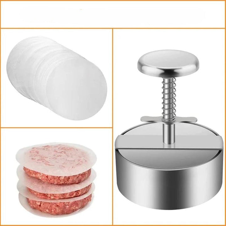 "Manuell köttpress i rostfritt stål, silverfärgad, ergonomisk design för perfekta hamburgerplättar, köksredskap."
