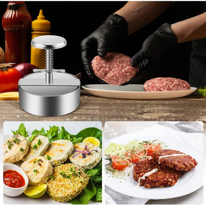 "Manuell köttpress i rostfritt stål, silverfärgad, ergonomisk design för perfekta hamburgerplättar, köksredskap."