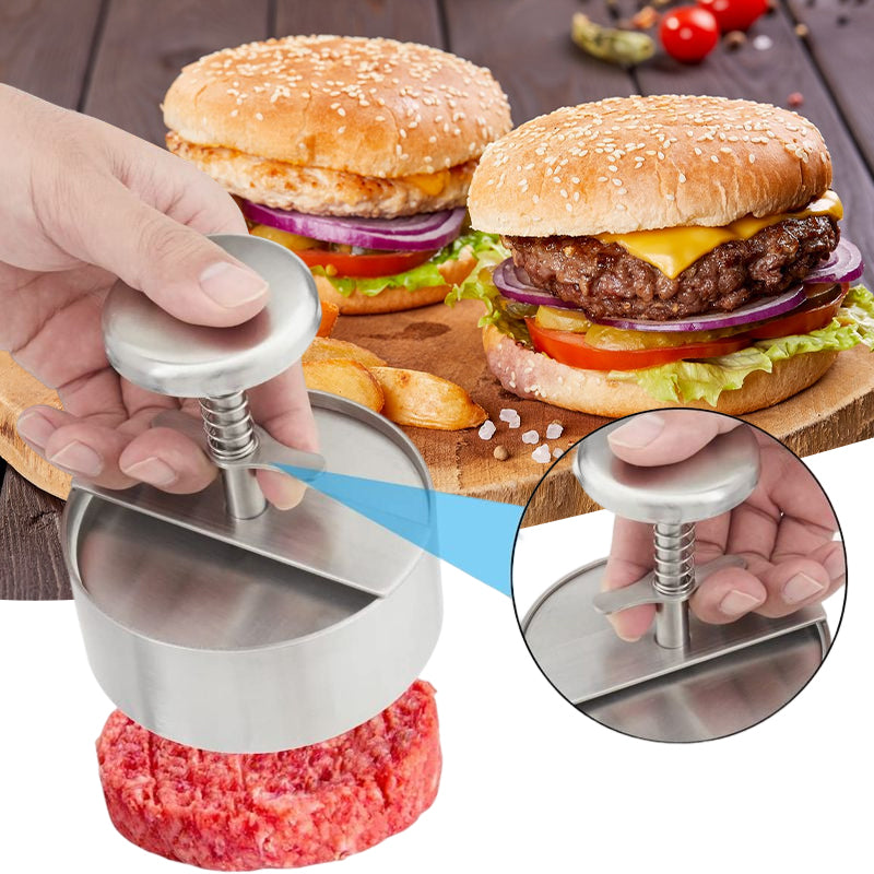"Manuell köttpress i rostfritt stål, silverfärgad, ergonomisk design för perfekta hamburgerplättar, köksredskap."