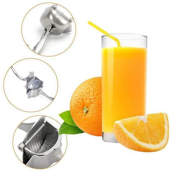 Manuell juicepress i rostfritt stål, nära funktionell design. Effektiv för citrusfrukter.