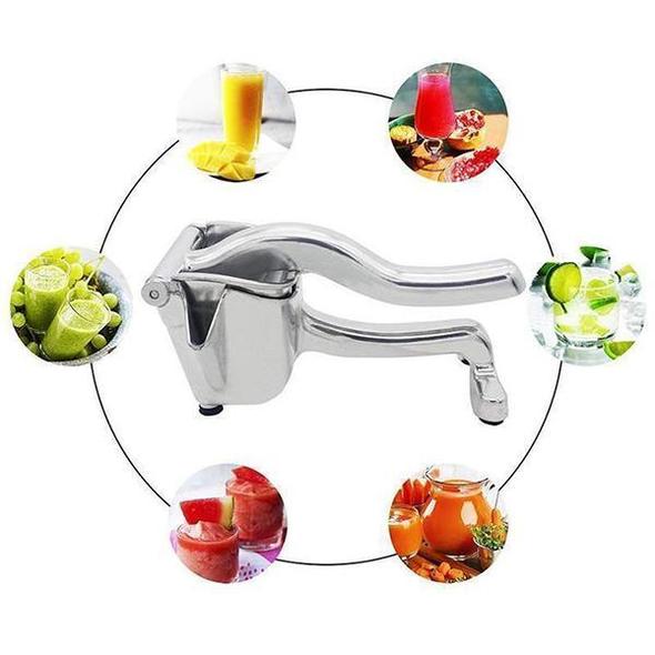 Kompakt manuell juicepress i rostfritt stål, enkel att förvara. Effektiv citruspress för köket.