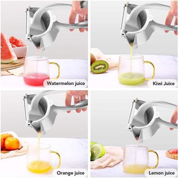 Manuell saftpress i rostfritt stål, lätt att demontera och rengöra. Hygienisk juicepress.
