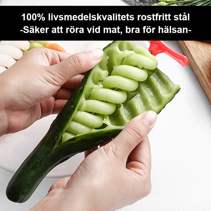 "Manuell spiralskärare i röd och silver för grönsaker, förvandla mat till spiralformer, köksredskap, kreativ matlagning"