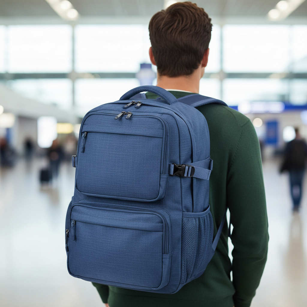 Marinblå kompakt kabinväska för laptop, perfekt som handbagage på resan.