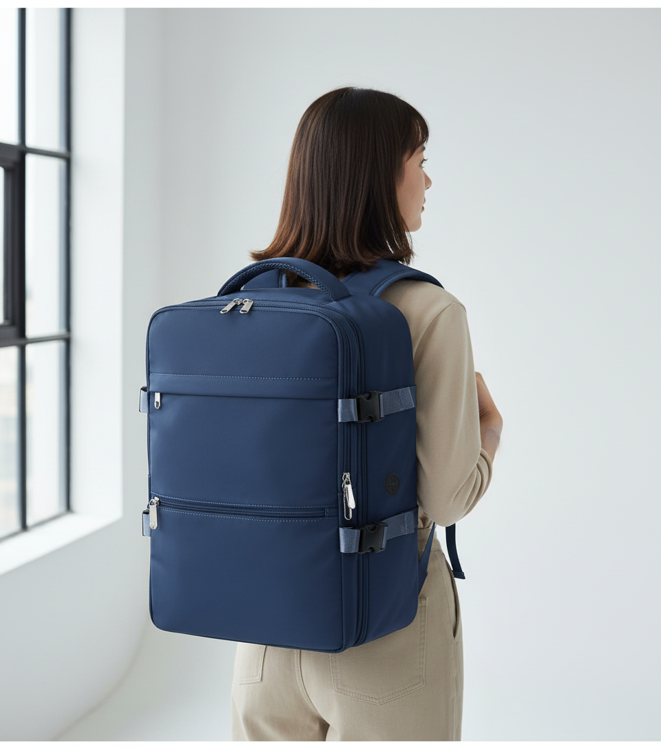 Kompakt marinblå resväska optimerad som handbagage, perfekt för arbetsresor med laptop.