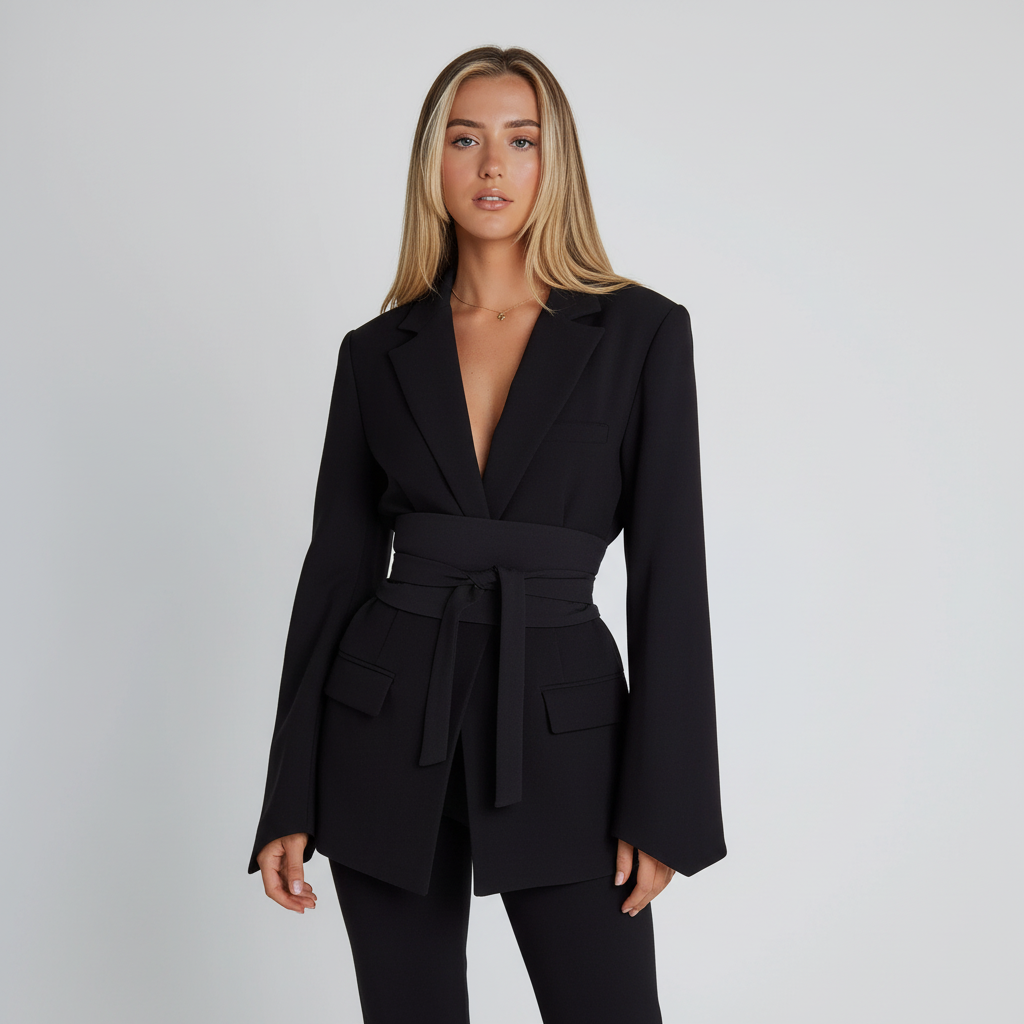Elegant dam blazer med bälte i marinblått, mångsidig för vår, höst och som stilrent ytterplagg.