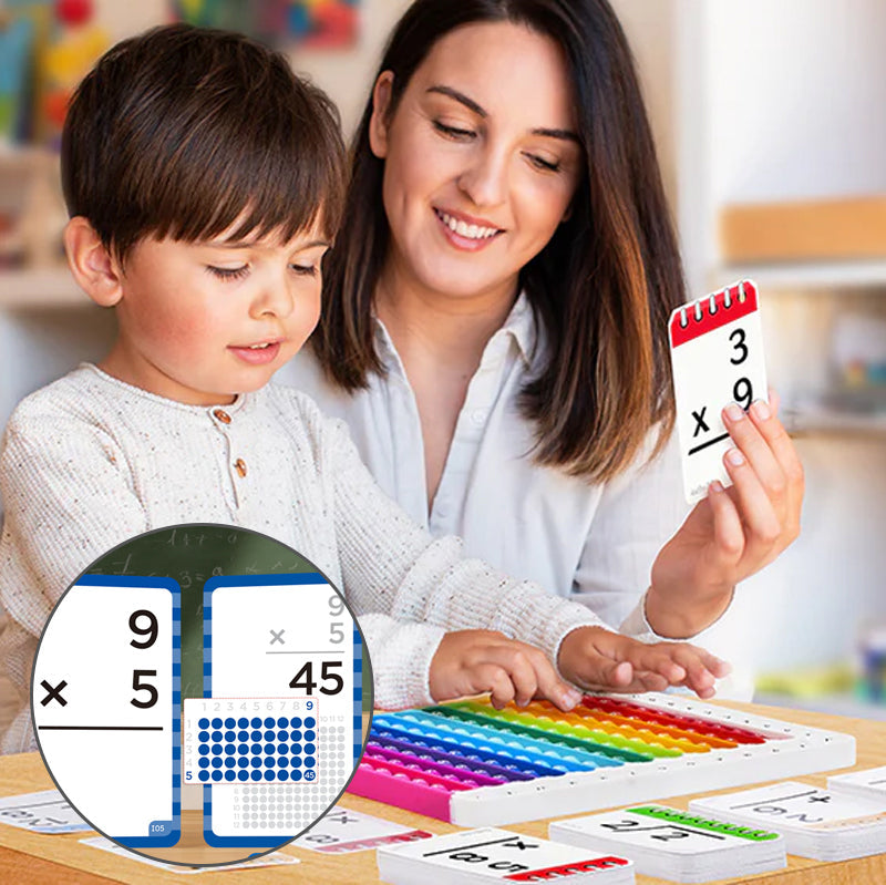 Matematiska flash-kort och pop fidget-diagram för barn med färgglada design. Interaktiv inlärning och taktil stimulans.