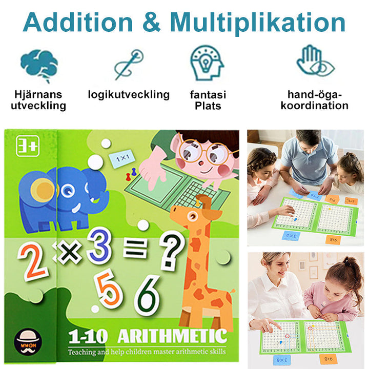 "Matematiskt barnspel i trä med magnetisk design, innehåller kort och schackpjäser för lärande och spelupplevelse."