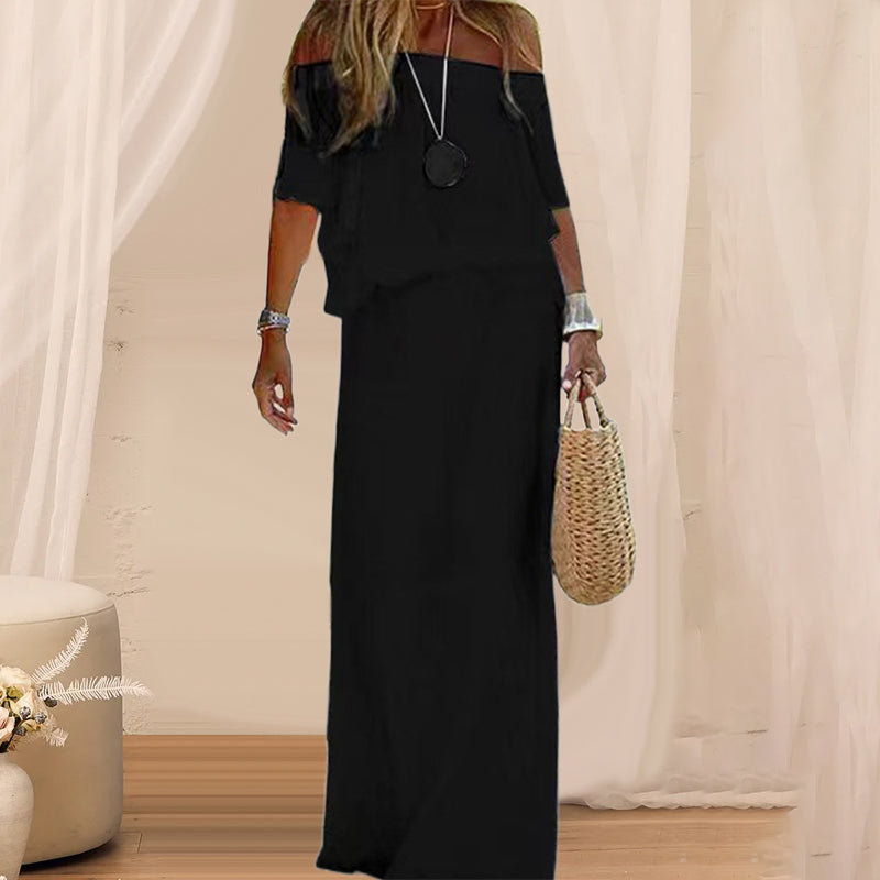 "Maxiklänning Off Shoulder med korta ärmar, romantisk design, flytande silhuett i lätt polyester, flera färger."